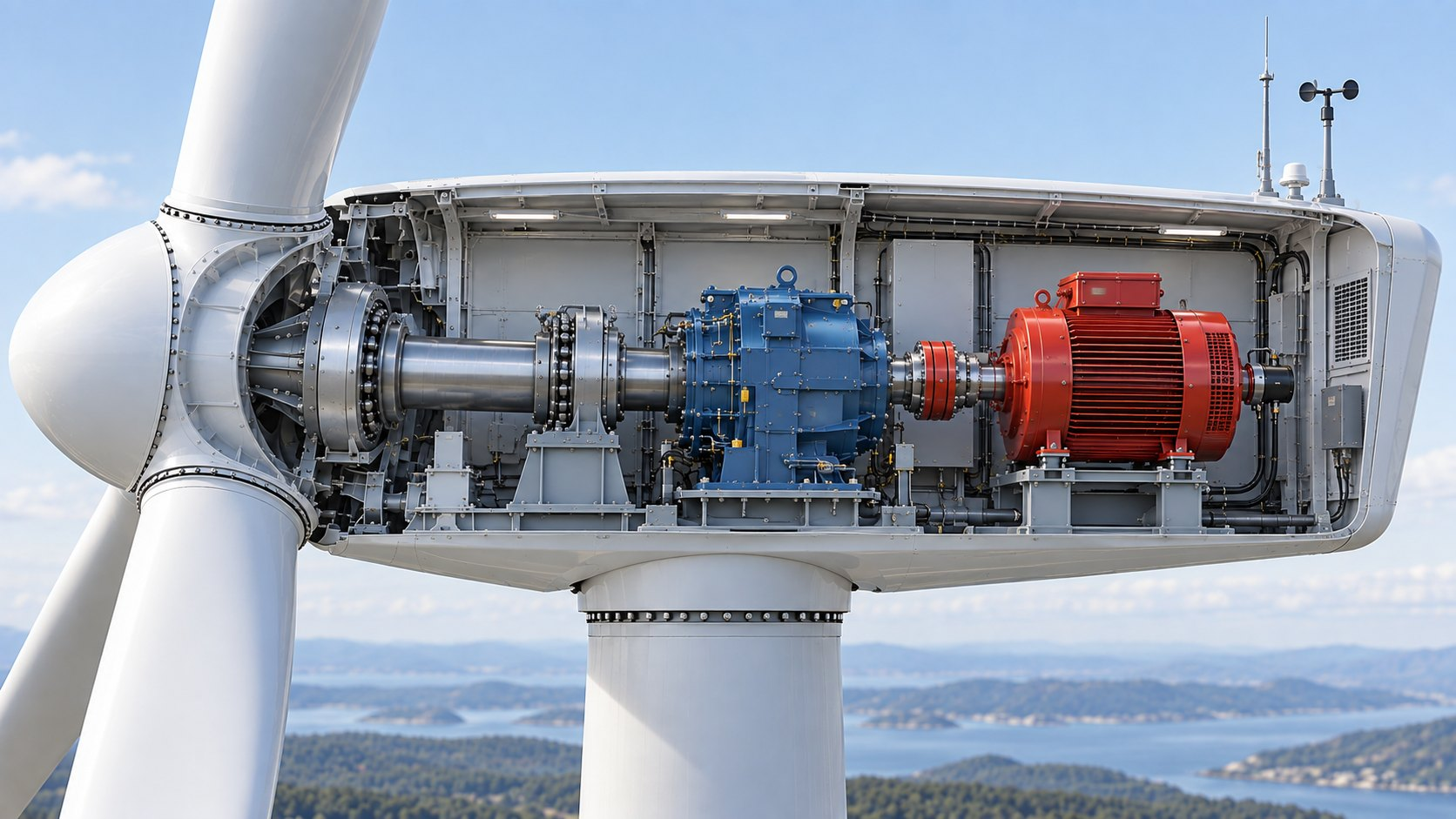 Schnittzeichnung einer Windkraftanlagen-Gondel mit Hauptwelle, Hauptlager, Getriebe, Kupplung, Generator und Encoder