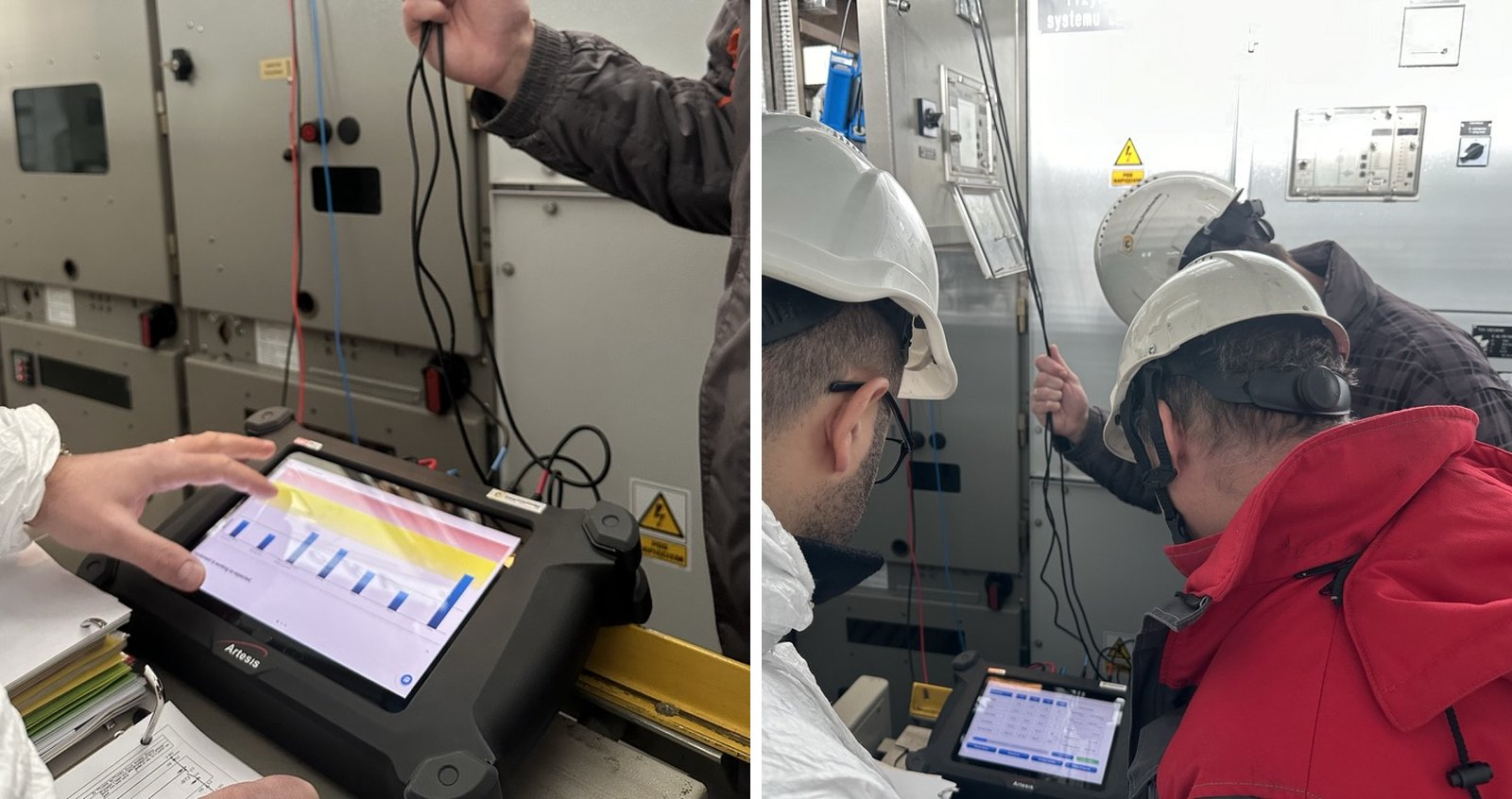Home Test 6 Two AMTPro field tests at medium-voltage switchgear: a condition bar graph on the tester screen, and engineers connecting the test leads