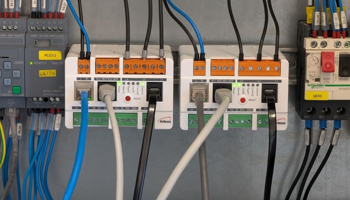 Home Test 5 Two Artesis e-MCM monitoring units wired into a motor control cabinet