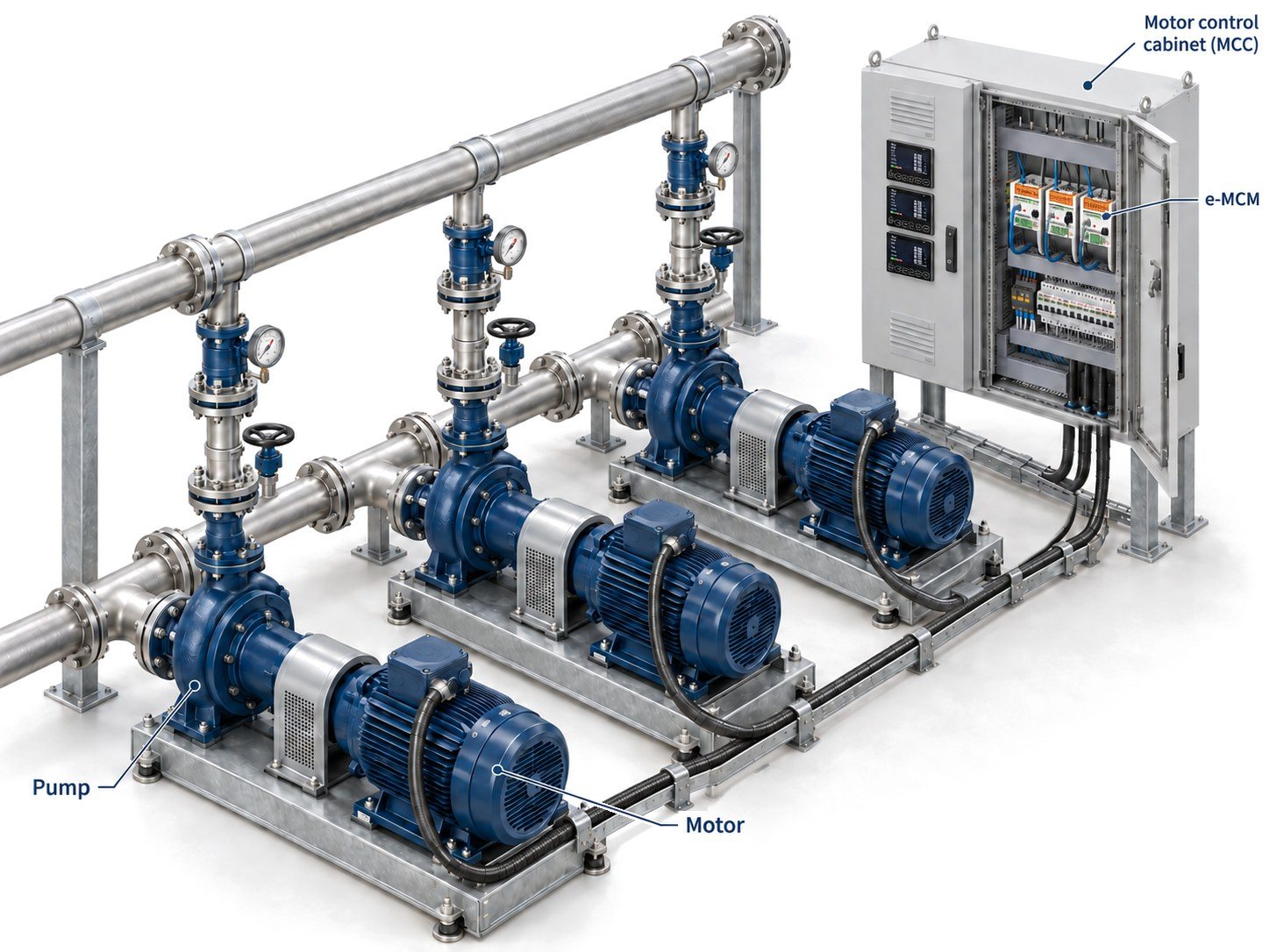 Home Test 4 Three motor-driven pumps cabled to a motor control cabinet, with e-MCM units installed inside the cabinet